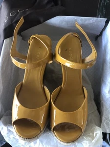GUCCI monogram Patent Leather Espadrille Cork Wedge Sandals Size 39 - Picture 1 of 23