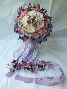 Wedding Bouquets 4pc package Bridal Bouquet SILK flowers Purple Orchid Hand Made - Picture 1 of 12