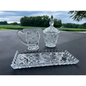 Set of Gorham Crystal Floral Undertray Covered Sugar Bowl and Creamer Pitcher - Picture 1 of 7