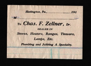 Chas F Zeller Slatington PA 1910 factura de distribuidor estufa calentador fontanería - Imagen 1 de 2