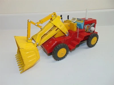 Vintage Yonezawa Tractor Loader Pressed Metal tin Toy-Red-yellow-fair - Image 1 of 4