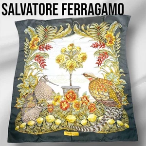 Ferragamo Floral & Bird Print Silk Scarf 80x80cm Green - Picture 1 of 7