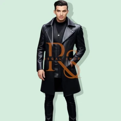 Men's Long Dress Coat Black Leather Coat In Genuine Lambskin Leather Long Coat - Image 1 of 3