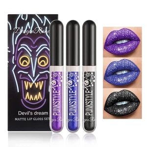 Set labiales brillo liquido 3 piezas negro azul morado duradero maquillaje - Foto 1 di 12