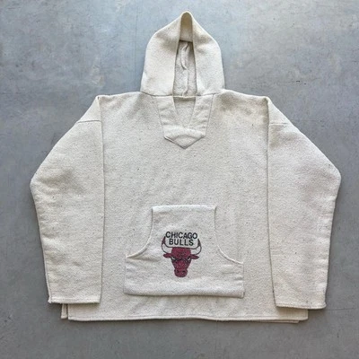 Vintage 90s Chicago Bulls Baja Poncho Drug Rug Hoodie Mens XL Cream Boxy Baggy - Image 1 of 4