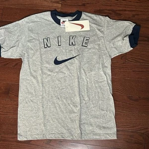 NWT Vintage Nike Spellout Swoosh T Shirt Youth Kids L Gray Navy NOS Y2K 2000’s - Picture 1 of 6