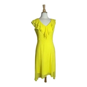 Nuevo Vestido DKNY con Volantes 6 Amarillo Brillante Forrado de Gasa Flutter Cuello en V Espalda Nuevo con Etiquetas - Imagen 1 de 8