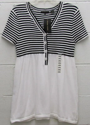 Suéter Jeanne Pierre Tejido a Rayas Botón Cuello en V SS Negro Blanco Grande Nuevo Foto 1 de 4