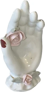 Vintage Victorian Porcelain Hand Figurine Trinket/Ring Holder Pink Rose Gilded - Picture 1 of 10
