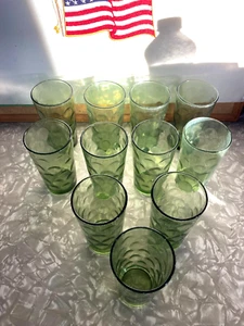 GLASSES 1960'S SET OF 11 ELDORADO AVOCADO GREEN THUMB PRINT PATTERN 10 OZ 5 1/8" - Picture 1 of 4