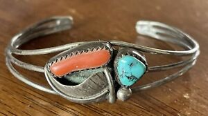 with Turquoise And Coral Vintage Native Sterling Children’s Bracelet