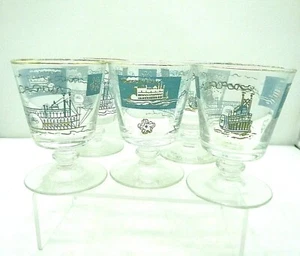 Libbey Paddlewheel Riverboat Cocktail Glasses Gold Aqua Blue 1960s Lot of 5 - Picture 1 of 8