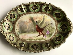 Antique LARGE NIPPON Japanese Porcelain PHEASANT Platter Hand Painted GOLD DOTS - Picture 1 of 11