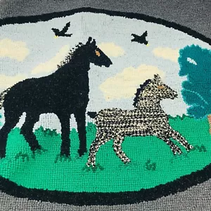 Tappeto antico cavallo arte popolare americana gancio ferri di cavallo equitazione gancio tappeto - Foto 1 di 12
