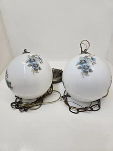 Vintage Globe Milk Glass Swag Lamp Light w/ Blue Flowers 2 - Picture 1 of 12