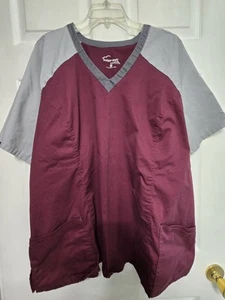 Butter-Soft STRETCH Scrub Top size 4X-Grey/Wine/Pewter V-Neck-Chest 31"/L 30" - Picture 1 of 5
