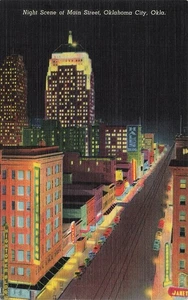 OKLAHOMA CITY OK MAIN STREET AT NIGHT 1949 VINTAGE LINEN POSTCARD 092925 U - Picture 1 of 2