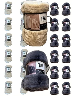 NEW FRYE Luxe Faux Fur Luxury Throw, Reversible 60" X 70" Choice Beige/Gray