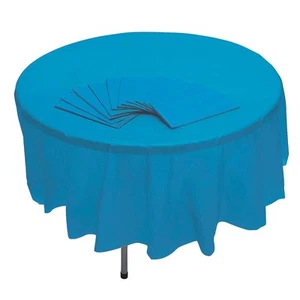 Fun Express Turquoise Banquet-Style Round Disposable Plastic Tablecloths, 82" Bu - Picture 1 of 1