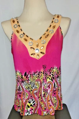 Blusa Camisa Top Mujer Rosa Multicolor Geométrica Sin Mangas por Piano Talla: M Foto 1 de 4