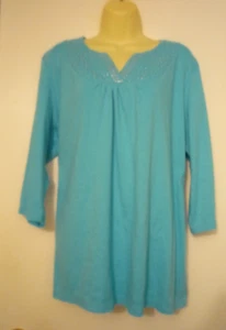 QUACKER FACTORY SPARKLE NECK KNIT TOP-SZ 2X-TURQUOISE-3/4 SLEEVE-PLEATS - Picture 1 of 6