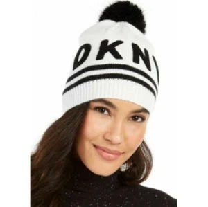 DKNY Women's White Varsity Letter Beanie With Pom, One Size - Picture 1 of 1