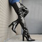 Women Crotch High Boots Pointed Toe Side Zip Thick Block Heels Boots Thigh High