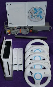 Nintendo Wii Console RVL-001 Mario Kart 4 Player Bundle OEM Controllers Wheels  - Picture 1 of 4