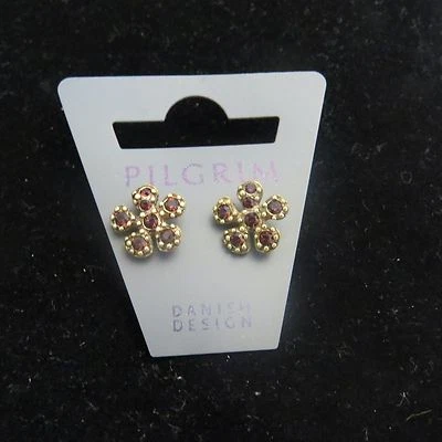 Pilgrim Jewelry Brass Tone Flower Red  Crystal Earrings Bullet Backs 394303 A - Image 1 of 2