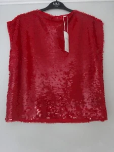 NEW -M&S MARKS & SPENCER RED SEQUIN TOP UK SIZE 8 REG - Picture 1 of 5