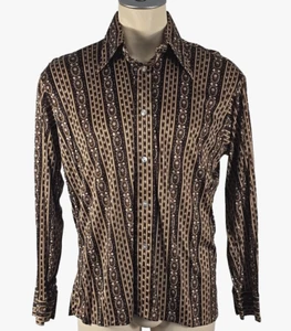 Vintage 70s Andy Warhol New York Brown Floral Stripe Button Long Sleeve Shirt XL - Picture 1 of 4