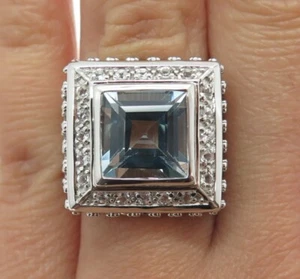 925 Sterling Silver Real Princess-Cut Blue & Round-Cut White Topaz Ring Size 7 - Picture 1 of 8