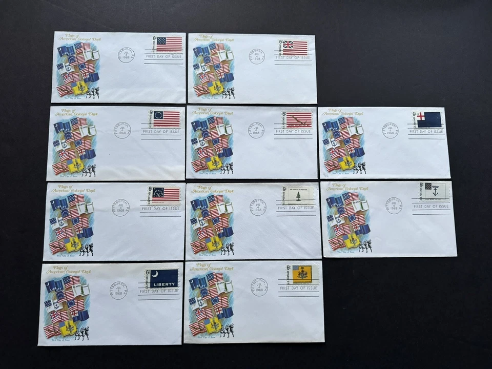 US 1968 FDC Set +Historical Flag Series #1345-54 Singles +10 multi-Color Cachets - Image 1 of 1