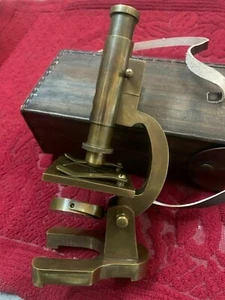 7" Brass Microscope Vintage Student Microscope Rare Monocular type W/Leather box - Picture 1 of 8