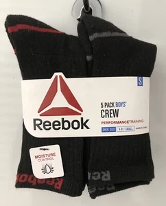 New 5 Pack Boy’s Black Reebok Crew Socks Size S Small, Fits Shoe Size 4-8 - Picture 1 of 4