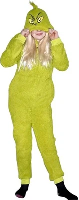 Youth Kids Toddler Grinch Sherpa Union Suit Pajamas Halloween Cosplay Costume - Image 1 of 4