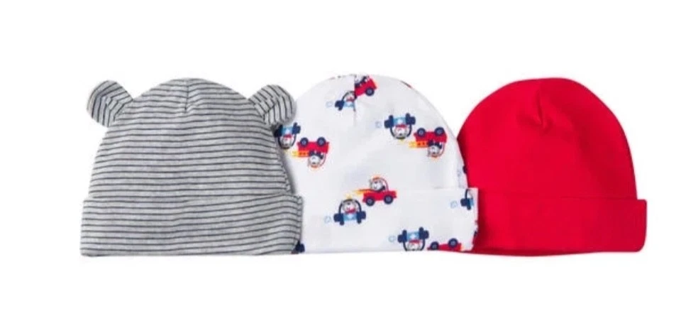 Gerber Baby Boy 3-Piece Knit Head Caps, Size Newborn, Qty 3, Firetruck, Teddy Be - Image 1 of 1