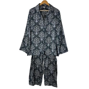 Soma Satin Long Sleeve Notch Collar Top Pants Pajama Set Angelic Paisley Teal XL - Picture 1 of 24