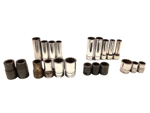 Snap On 22 Piece 3/8” & 1/2” Drive Metric SAE 12 POINT Shallow & Deep Socket Lot - Picture 1 of 8