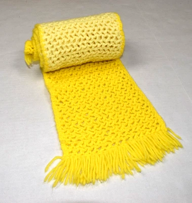Vintage Crocheted Scarf 70s Lemon Yellow Custard 2 Tone Fringe 66X8.5 Inch - Image 1 of 4