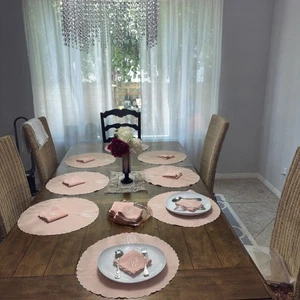 vintage hand embroidered Pink Round Linen 12 Placemats & 16 Napkins Monogram W - Picture 1 of 9