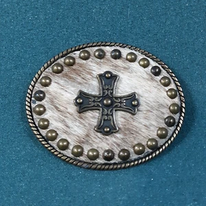 Belt Buckle Iron Cross Center Brass Studs Circle Fur Background Spain 3.5" x 3" - Picture 1 of 5