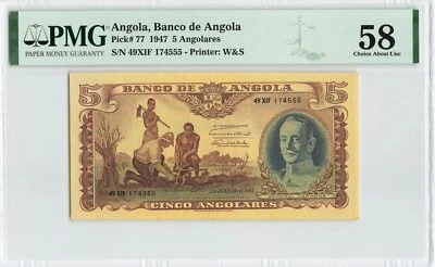 ANGOLA 5 Angolares 1947, P-77, Original a/UNC, PMG 58, Center Fold, RARE Grade - Image 1 of 2