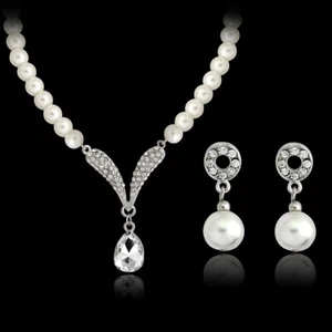 Large White Pearls Silver Crystal Necklace Earrings Set Women Costume Jewellery - Picture 1 of 6