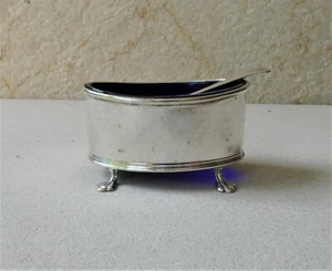 Vintage Art Deco Hallmarked Sterling Silver Open Salt Cobalt Blue Liner & Spoon - Picture 1 of 14