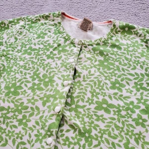 LL Bean Cardigan Sweater Womens Large Green White Button Up Flowers Cotton - Picture 1 of 18
