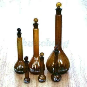 Frasco volumétrico de vidrio ámbar de 5 ml-250 ml con tapón laboratorio química cristalería - Imagen 1 de 7