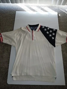 Men's XL White Polo Shirt w Patriotic Stars on Sleeve USA Pullover Shirt A29 - Picture 1 of 15