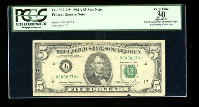 DBR 1981-A $5 FRN San Francisco STAR Fr. 1977-L* PCGS App 30 Serial L03038670* - Image 1 of 2