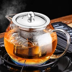 Clear Glass Tea Pot with Steel Infuser Leaf Teapot Stovetop Safe 34 OZ/1000ml - Picture 1 of 6